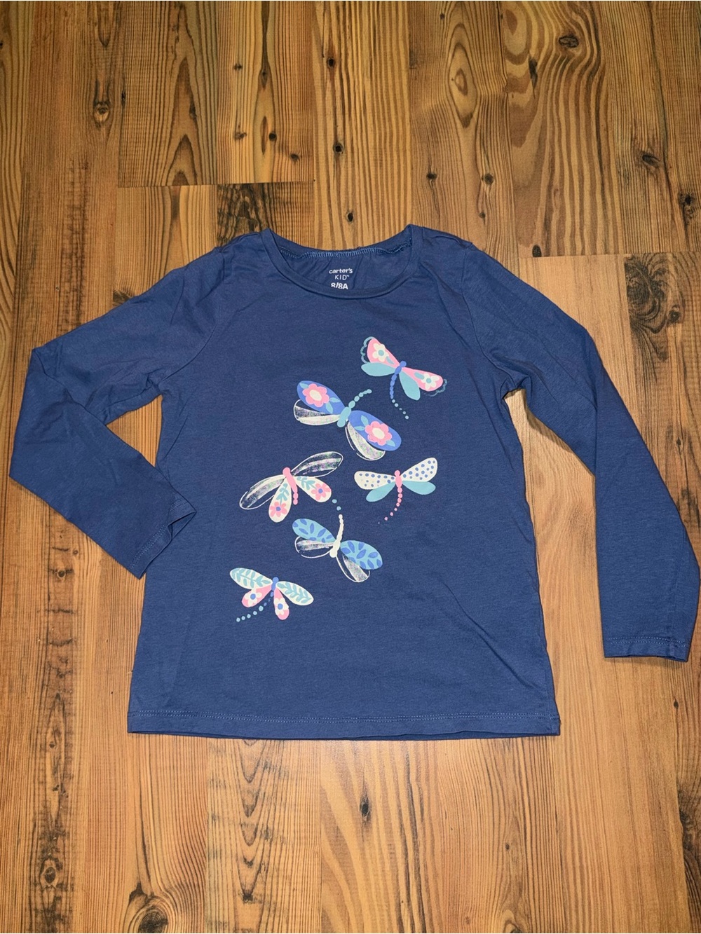 Girls’ Carter's Navy Long-Sleeve Tee with Multi-Color Butterfly Print Sz 8